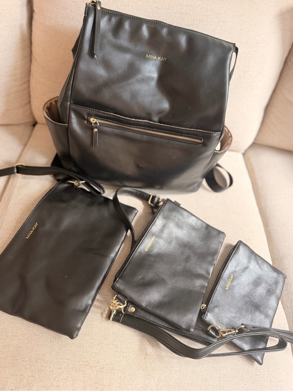 Mina Kay Black Leather Backpack with Matching crossbody and Pouche